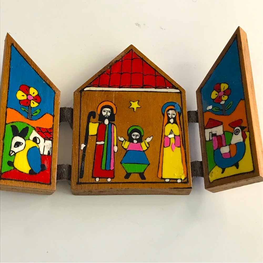 Handpainted Wood Nativity Scene One Piece Folding 3 Panels - From El Salvador